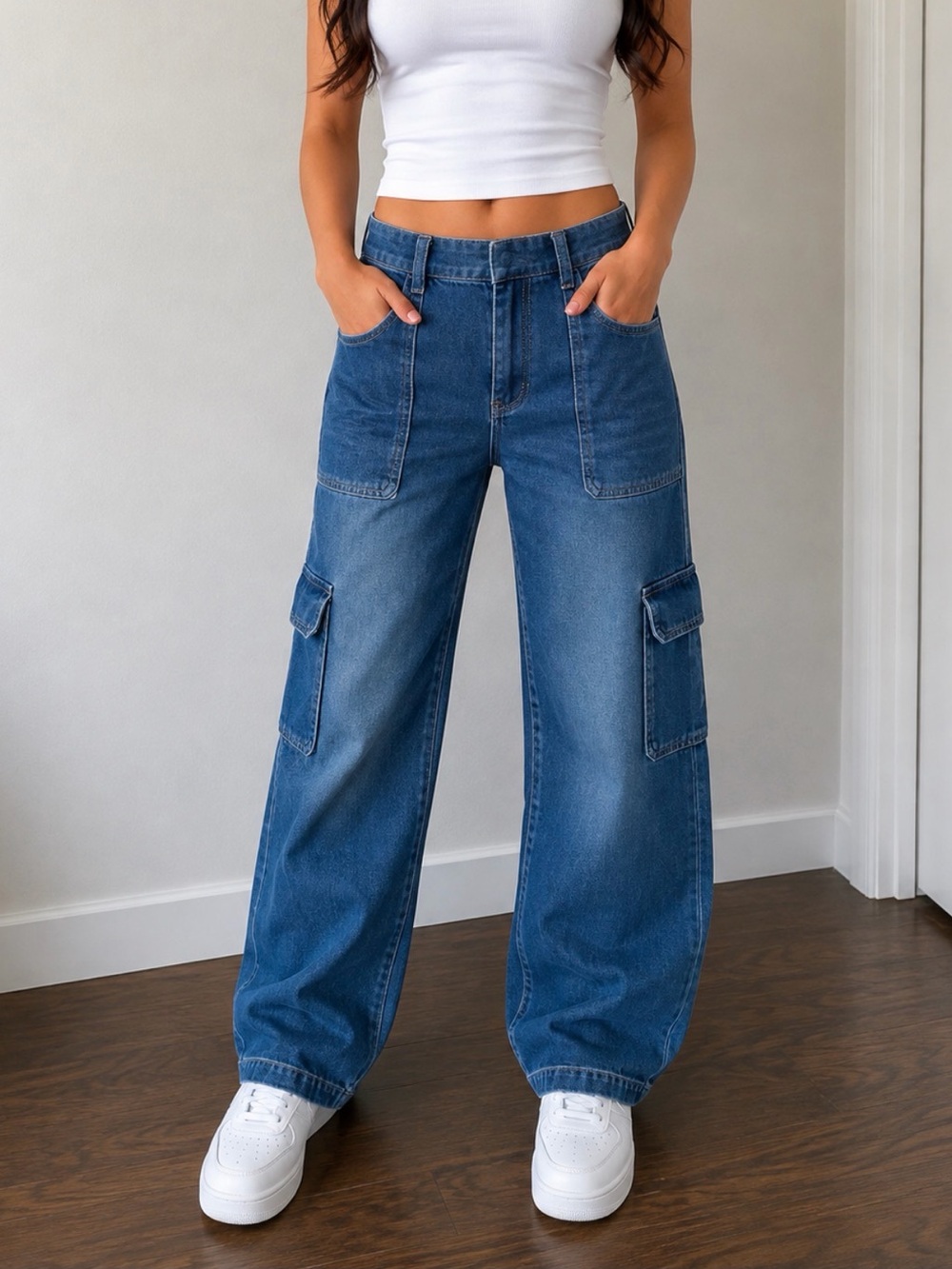 State of Independence Cargo Jeans Womens 12 Blue Excellent Wide Leg Utility Y2K